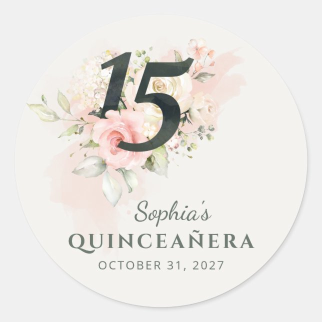 Quinceanera Pink Floral Rustic Blush 15th Birthday Classic Round Sticker (Front)