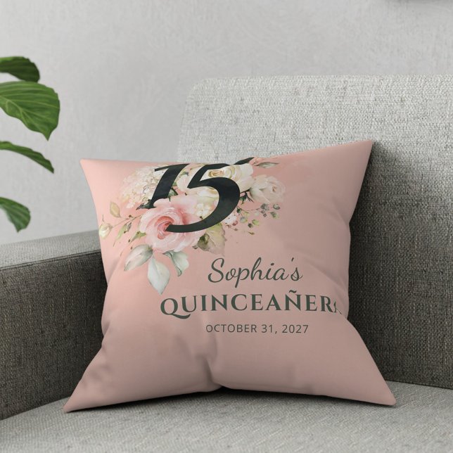 Quinceanera Pink Floral Rustic Blush 15th Birthday Throw Pillow (Floral Quinceanera Modern 15th Birthday Throw Pillow)