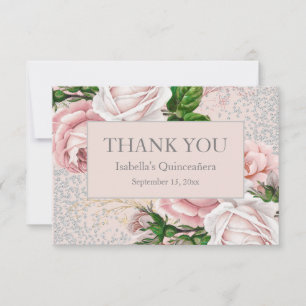 Quinceañera Pink Floral Silver Glitter Thank You Card