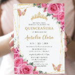 Quinceañera Pink Fuchsia Floral Gold Butterflies Invitation<br><div class="desc">Personalize this lovely quinceañera invitation with own wording easily and quickly,  simply press the customize it button to further re-arrange and format the style and placement of the text.  Matching items available in store!  (c) The Happy Cat Studio</div>