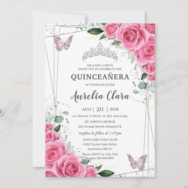 Quinceañera Pink Fuchsia Floral Silver Butterflies Invitation (Front)