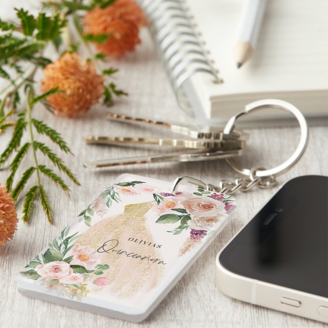 Quinceañera Pink girly floral dress birthday  Keychain (Front Right)