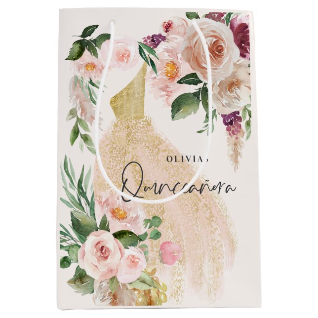 Quinceañera Pink girly floral dress birthday Medium Gift Bag (Front)