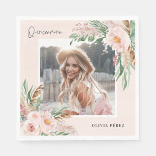 Quinceañera Pink girly floral photo birthday Invi Napkin