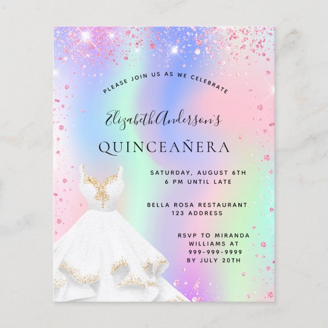 Quinceanera pink holographic dress invitation (Front)