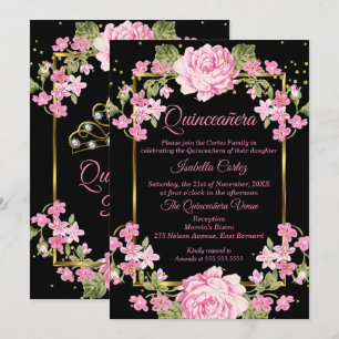 Quinceanera Pink Pretty Country Floral Gold Black Invitation