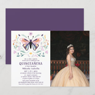 Quinceañera Pink Purple Butterfly Photo Floral Invitation