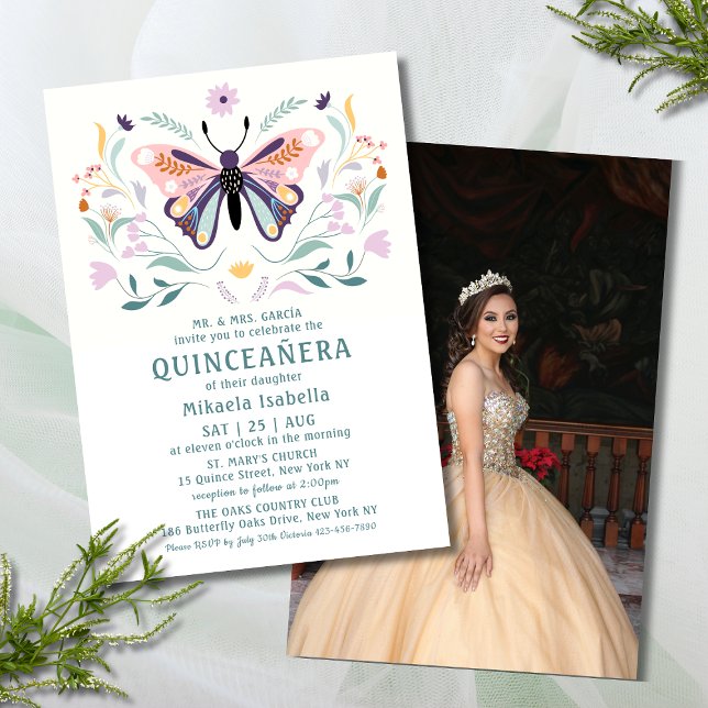 Quinceañera Pink Purple Butterfly Photo Floral Invitation (Creator Uploaded)