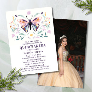 Quinceañera Pink Purple Butterfly Photo Floral  Invitation
