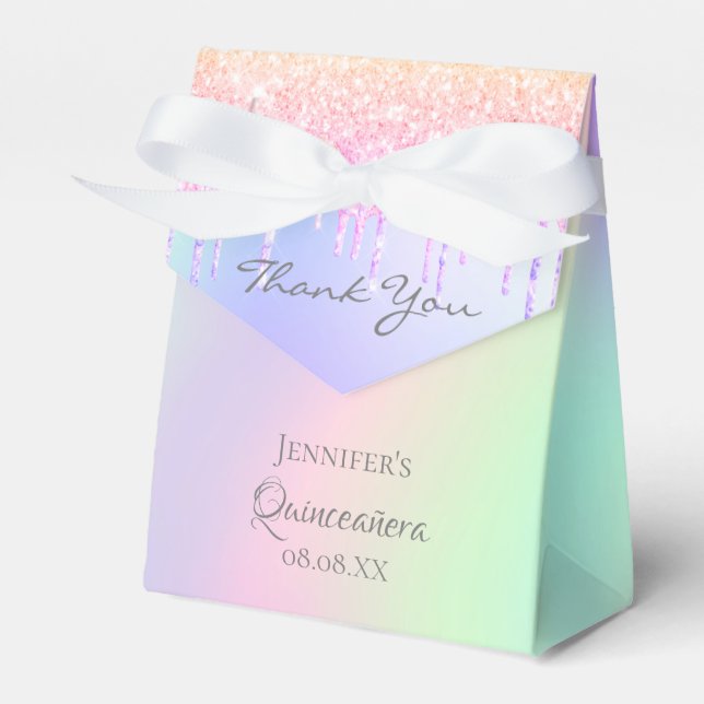 Quinceanera pink purple holographic thank you favor box (Front Side)