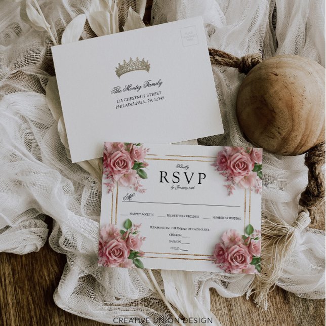 Quinceañera Pink Rose Crown Birthday RSVP Postcard (Creator Uploaded)
