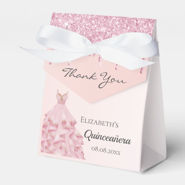 Quinceanera pink rose gold glitter dress thank you favor box (Front Side)