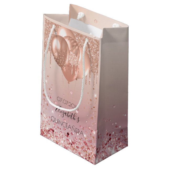 Quinceanera pink rose gold glitter drip balloons small gift bag (Back Angled)