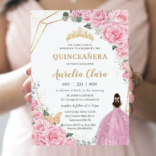 Quinceañera Pink Roses Floral Gold Princess Crown Invitation