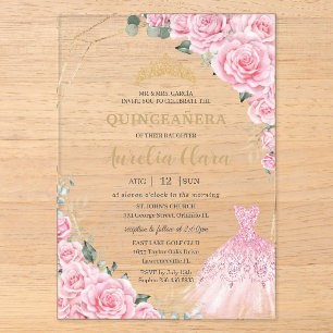Quinceanera Pink Roses Floral Princess Dress Gown Acrylic Invitations