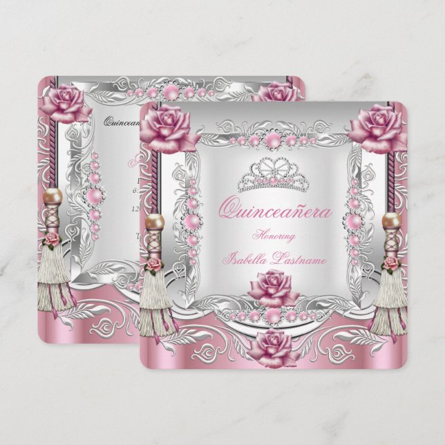 QUINCEANERA Pink Roses Tassels Silver Tiara Invitation (Front/Back)