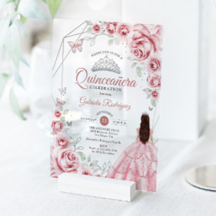 Quinceanera Pink Silver Dress Floral Acrylic Invitations