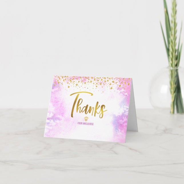 Quinceañera Pink Watercolor Gold Glitter Elegant Thank You Card (Front)