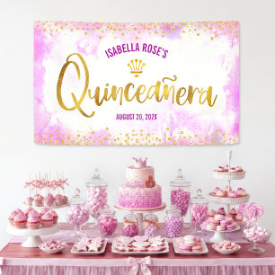 Quinceañera Pink Watercolor Gold Script Welcome Banner