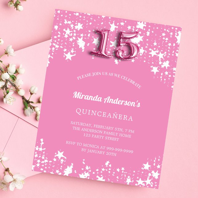 Quinceanera pink white stars invitation (Creator Uploaded)