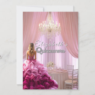 Quinceanera Pretty Pink Gown Chandelier Crown Invitation