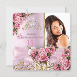 Quinceanera Pretty Pink Roses Tiara Photo Birthday Invitation