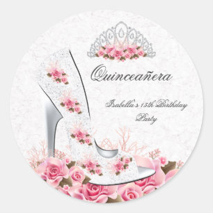 Quinceanera Pretty Princess Pink Roses Shoe 2R Classic Round Sticker