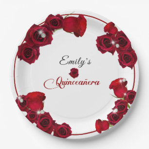 Quinceanera Pretty Red Roses Diamonds Paper Plate
