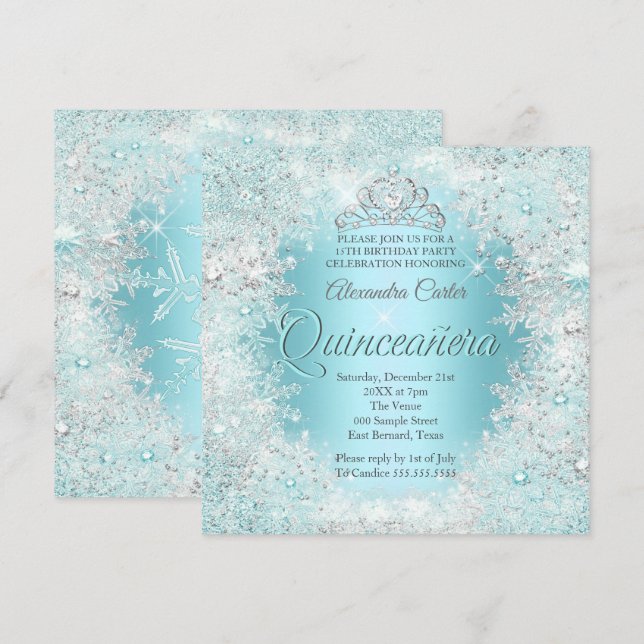 Quinceanera Pretty Silver Teal blue Snowflakes Invitation (Front/Back)
