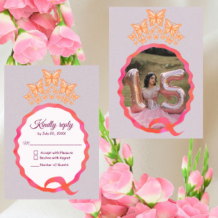 Quinceañera Princess Butterfly Crown Squiggle  RSVP Card