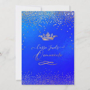 Quinceanera Princess Crown Faux Gold Confetti Blue Invitation