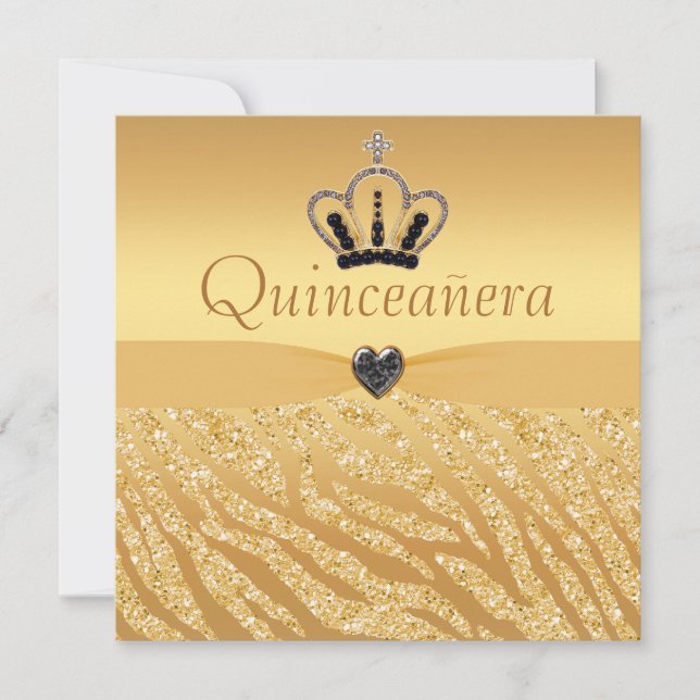 Quinceanera Princess Crown, Heart & Zebra Glitter Invitation (Front)