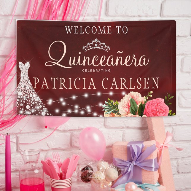 Quinceanera princess dress burgundy floral party banner (Creator Uploaded)