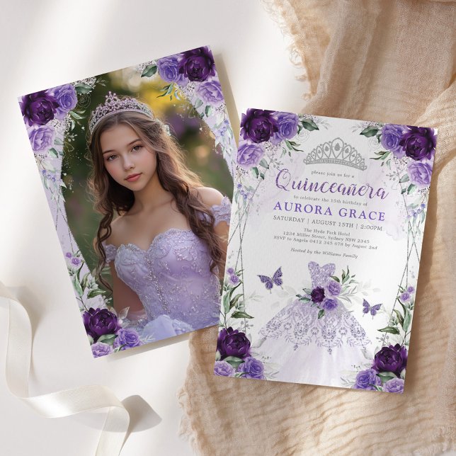 Quinceañera Princess Dress Lavender Silver Photo Invitation (Creator Uploaded)