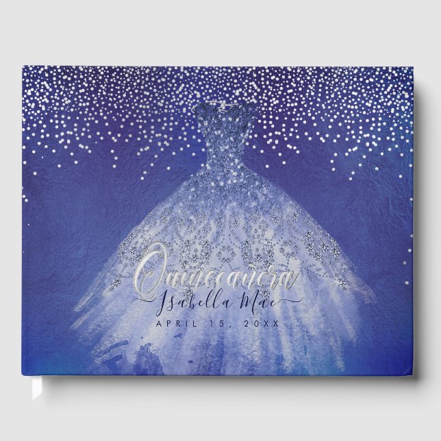 Quinceanera Princess Glitter Gown, Blue Guest Book (Front)