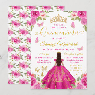 Quinceañera Princess Hot Pink Floral Gold Tiara Invitation