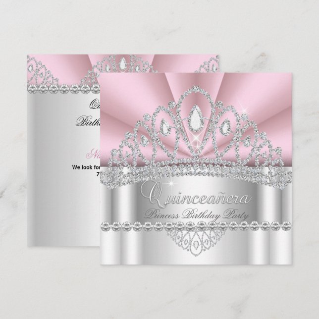 Quinceanera Princess Pink White Diamond Tiara Invitation (Front/Back)