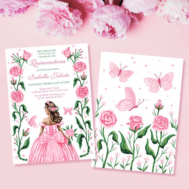Quinceanera Princess Roses Butterfly Blush Pink Invitation (Quinceanera Princess Roses Butterfly Blush Pink Invitation)