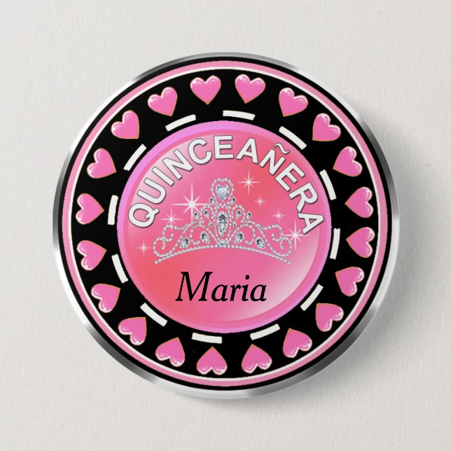 Quinceanera Princess Tiara Love Hearts | pink 3 Inch Round Button (Front)