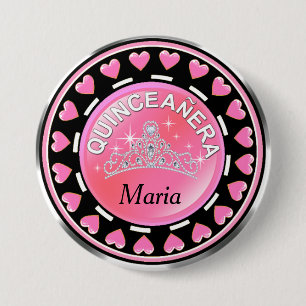 Quinceanera Princess Tiara Love Hearts   pink 3 Inch Round Button