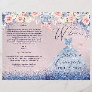 Quinceanera Program Blush Floral Navy Glitter Gown