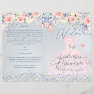 Quinceanera Program Blush Pink Floral Glitter Gown
