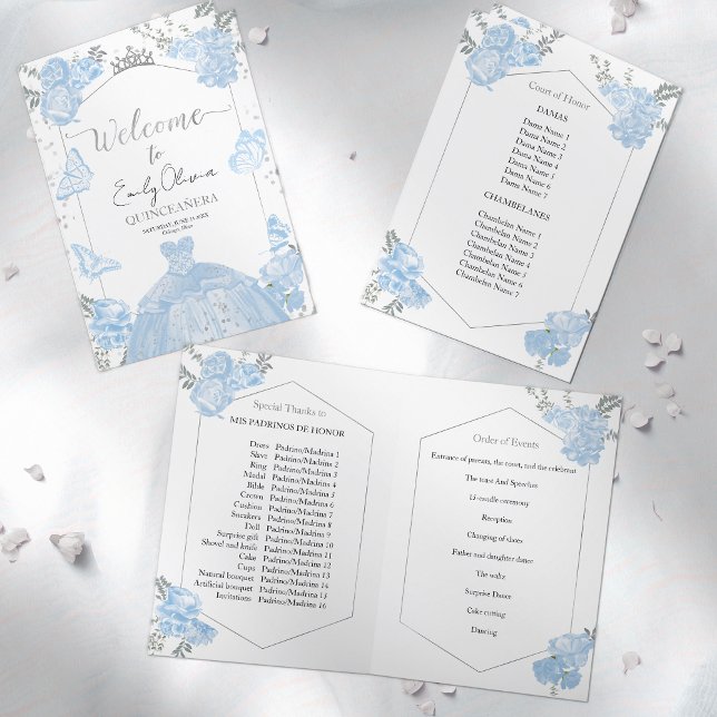 Quinceanera Programmes Dusty Blue Robe Papillon (Créateur téléchargé)