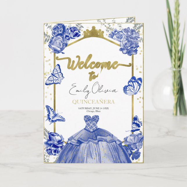 Quinceanera Programmes Robe Bleue Royale Or Floral (Devant)