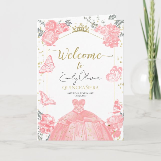 Quinceanera Programmes Robe Rose Robe Florale Or H (Devant)