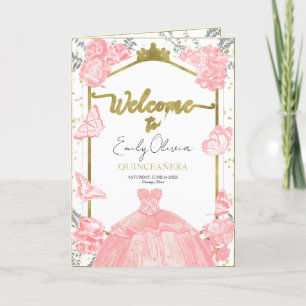 Quinceanera Programs Pink Dress Floral Gold Foil