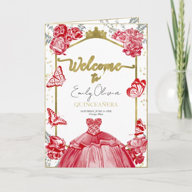 Quinceanera Programs Red Dress Floral Gold Foil (Front)