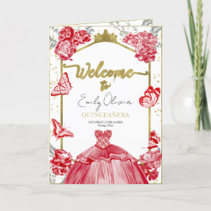 Quinceanera Programs Red Dress Floral Gold Foil