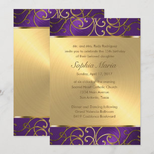 Quinceanera Purple and Gold Filigree Swirls Invitation