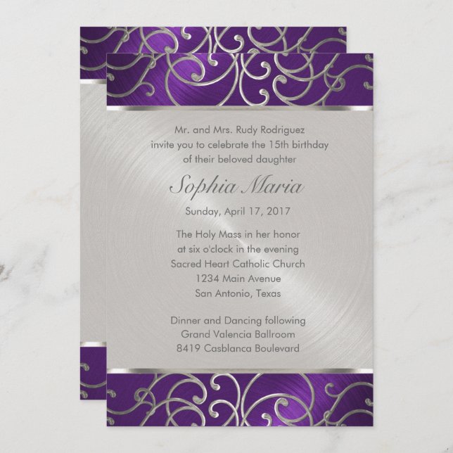 Quinceanera Purple and Silver Filigree Swirls Invitation (Front/Back)